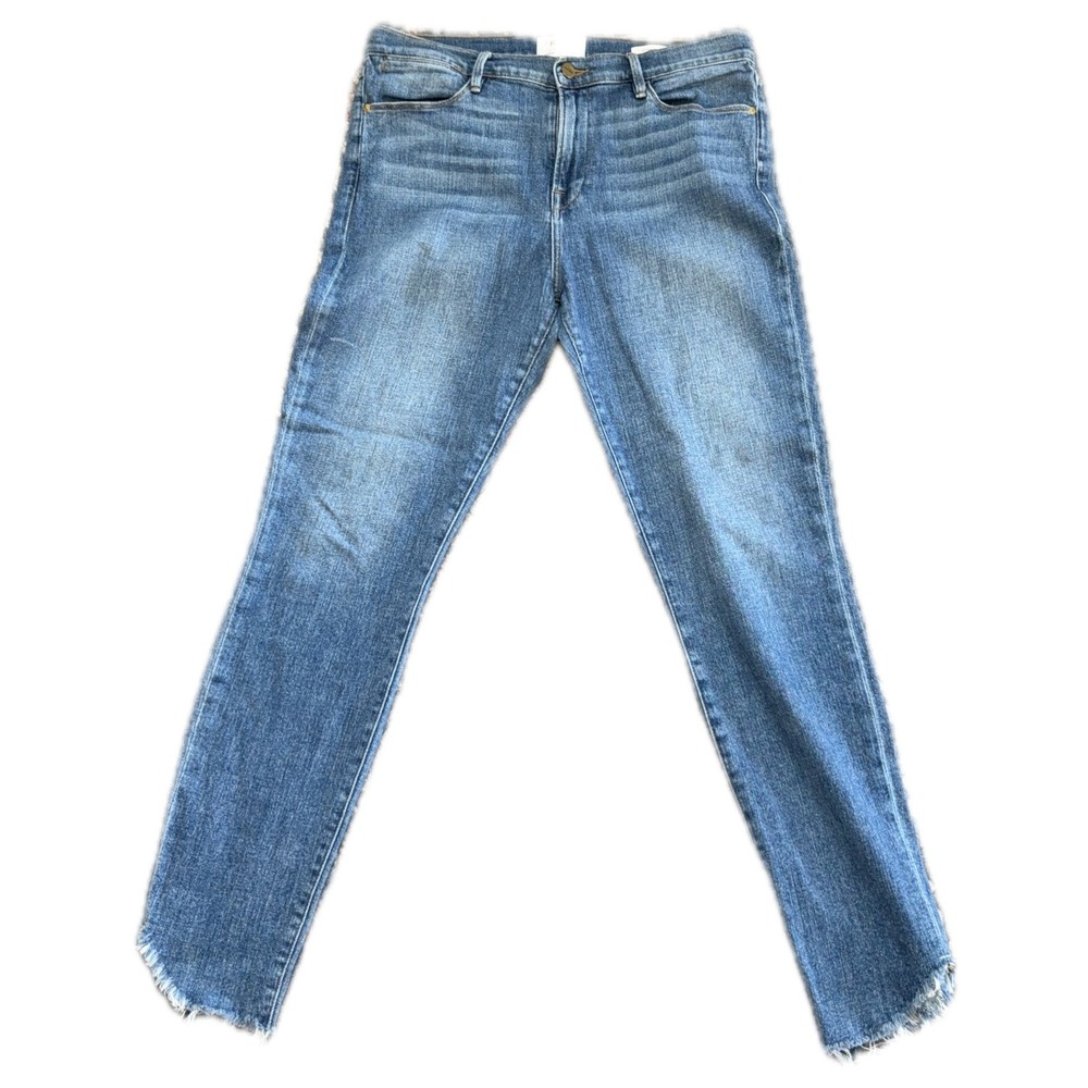 Frame Le High Skinny Jeans Blue Mid Rise Raw Hem Distressed Astaire Sz 32
